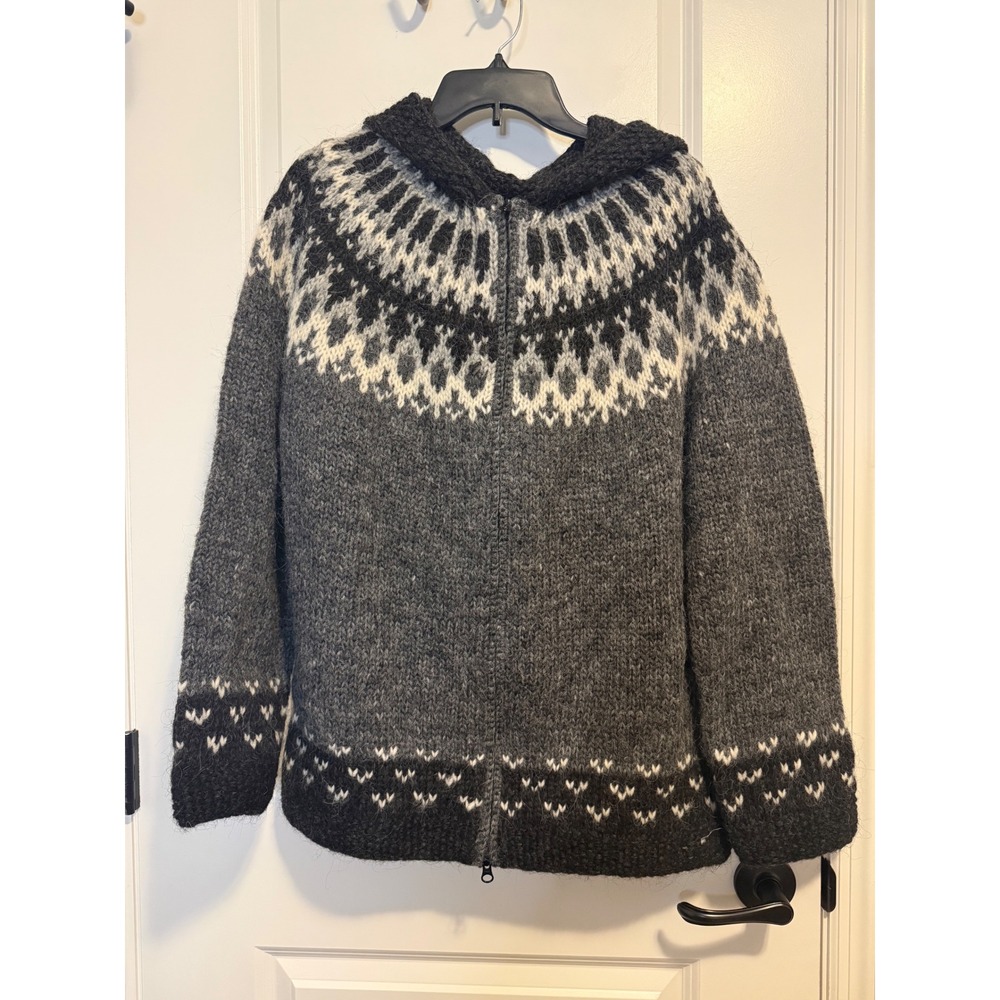 Nordic Store Wool Cardigan Unisex 2XL Grey Excellent Fair Isle Hooded Icelandic
